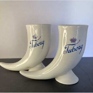 1970's Vintage Danish Tuborg Beer Company Horn Shaped Ceramic White Mug Blue